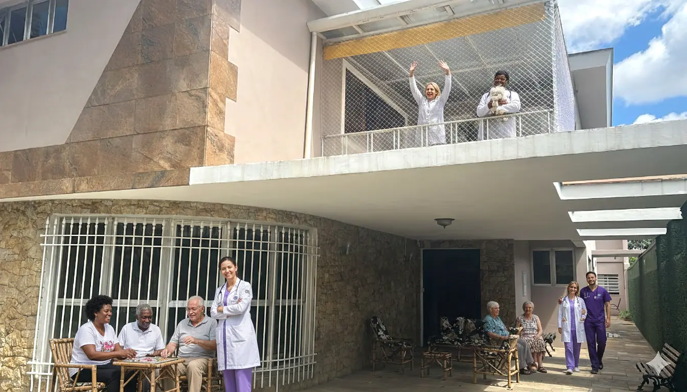 Fachada e área externa reais do Violeta Residencial Sênior