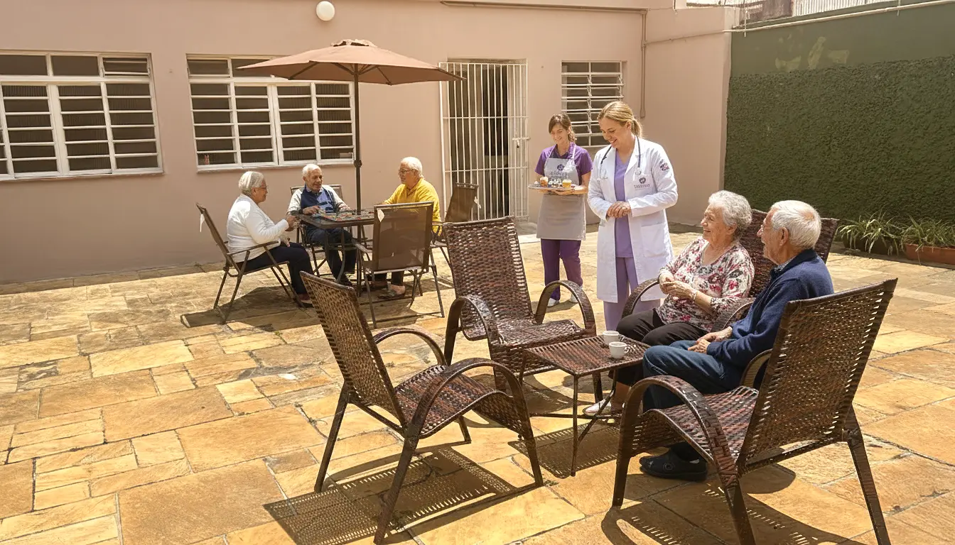 Pátio real do Violeta com residentes e cuidadoras